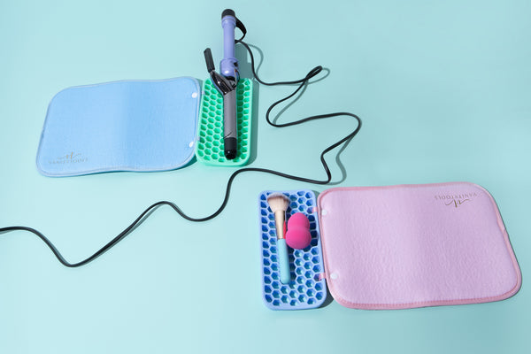 dual-purpose vanity mat in pink and aqua